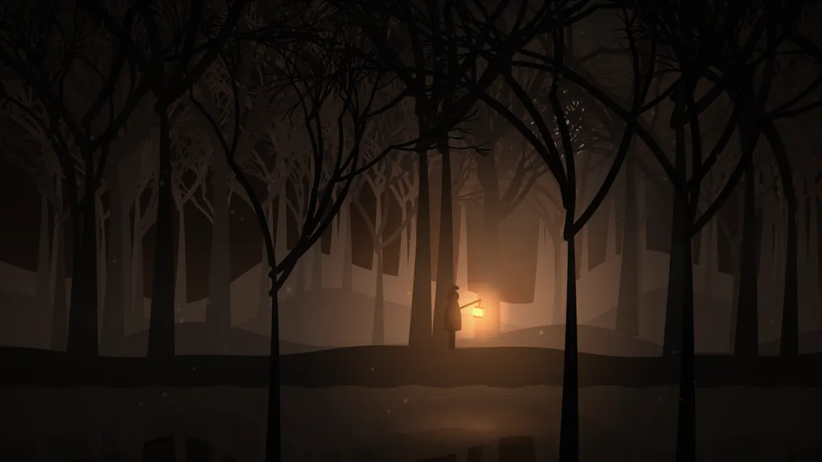 Oriel walking through a burnt orchard, lantern glowing orange