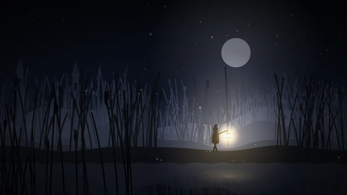 A lantern glowing in the reeds under a full moon