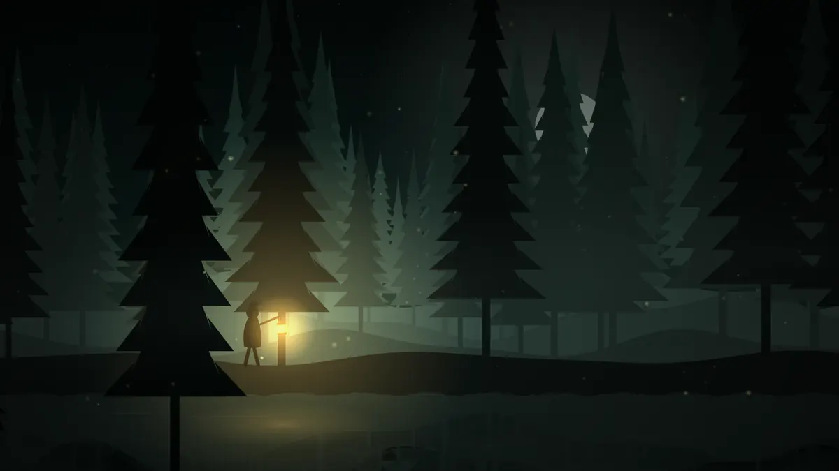 Oriel lighting the way between tall pines